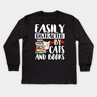Cute Easily Distracted by Cats and Books Kids Long Sleeve T-Shirt